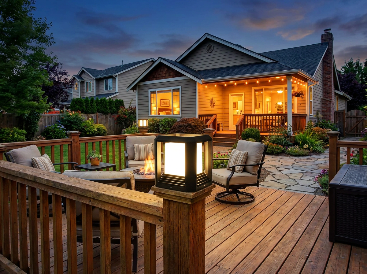 PLUSLED LED post light installed on wooden deck railing in cozy American backyard at twilight with warm 3000K glow