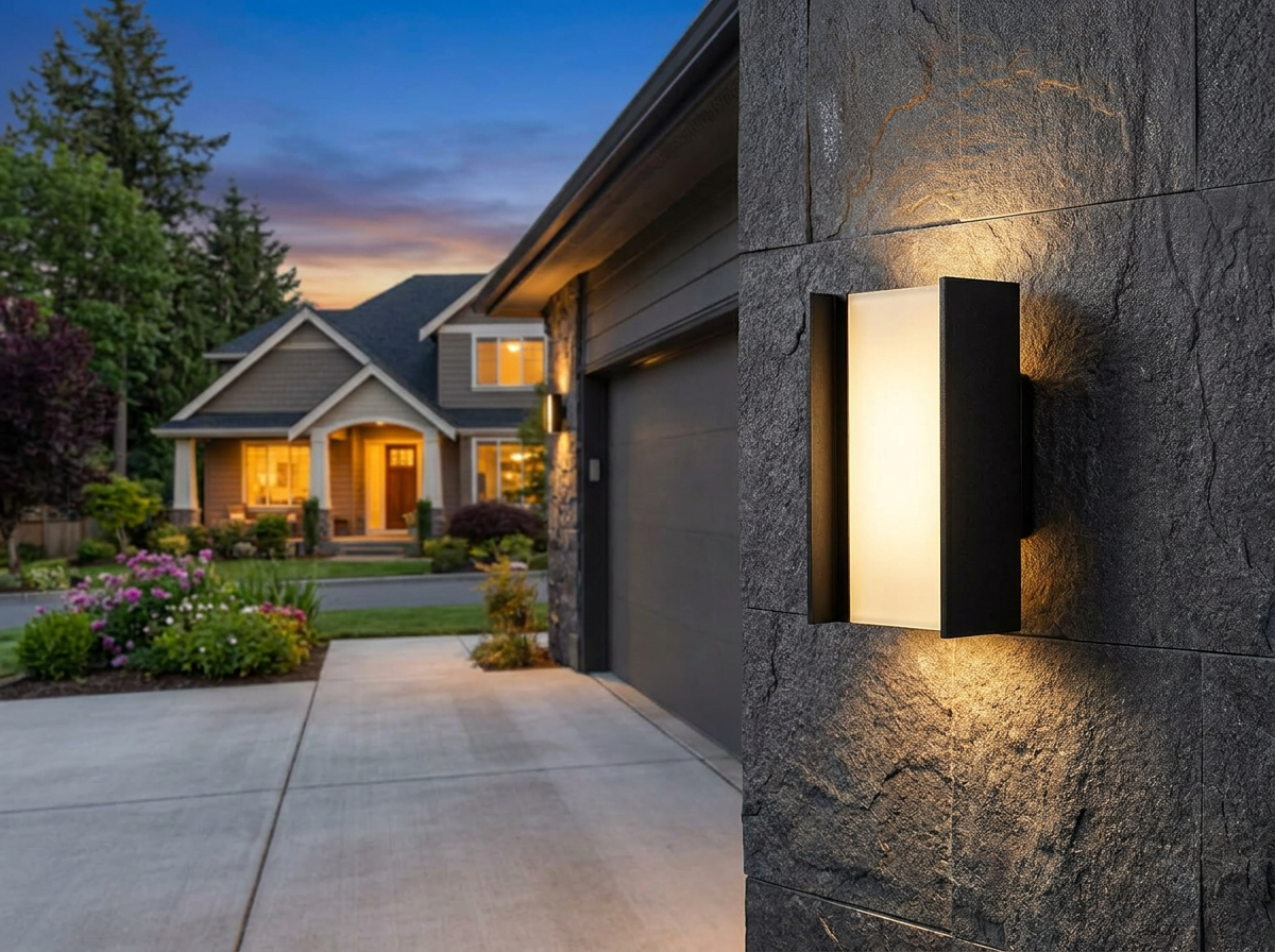 PLUSLED matte black up-down outdoor wall sconce on a modern American garage with concrete driveway in late spring twilight
