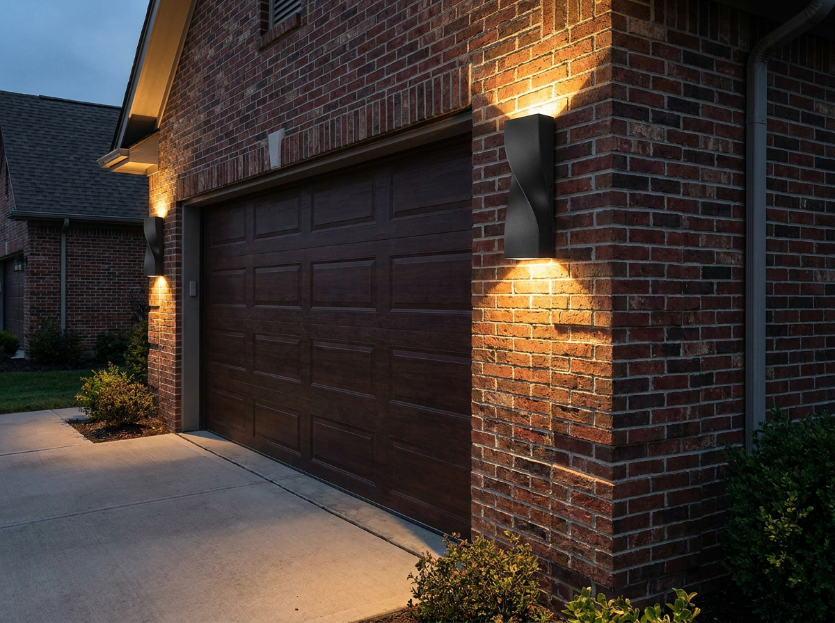PLUSLED 15.75-inch matte black S-shape outdoor wall sconce mounted beside a residential garage door on a modern brick American home