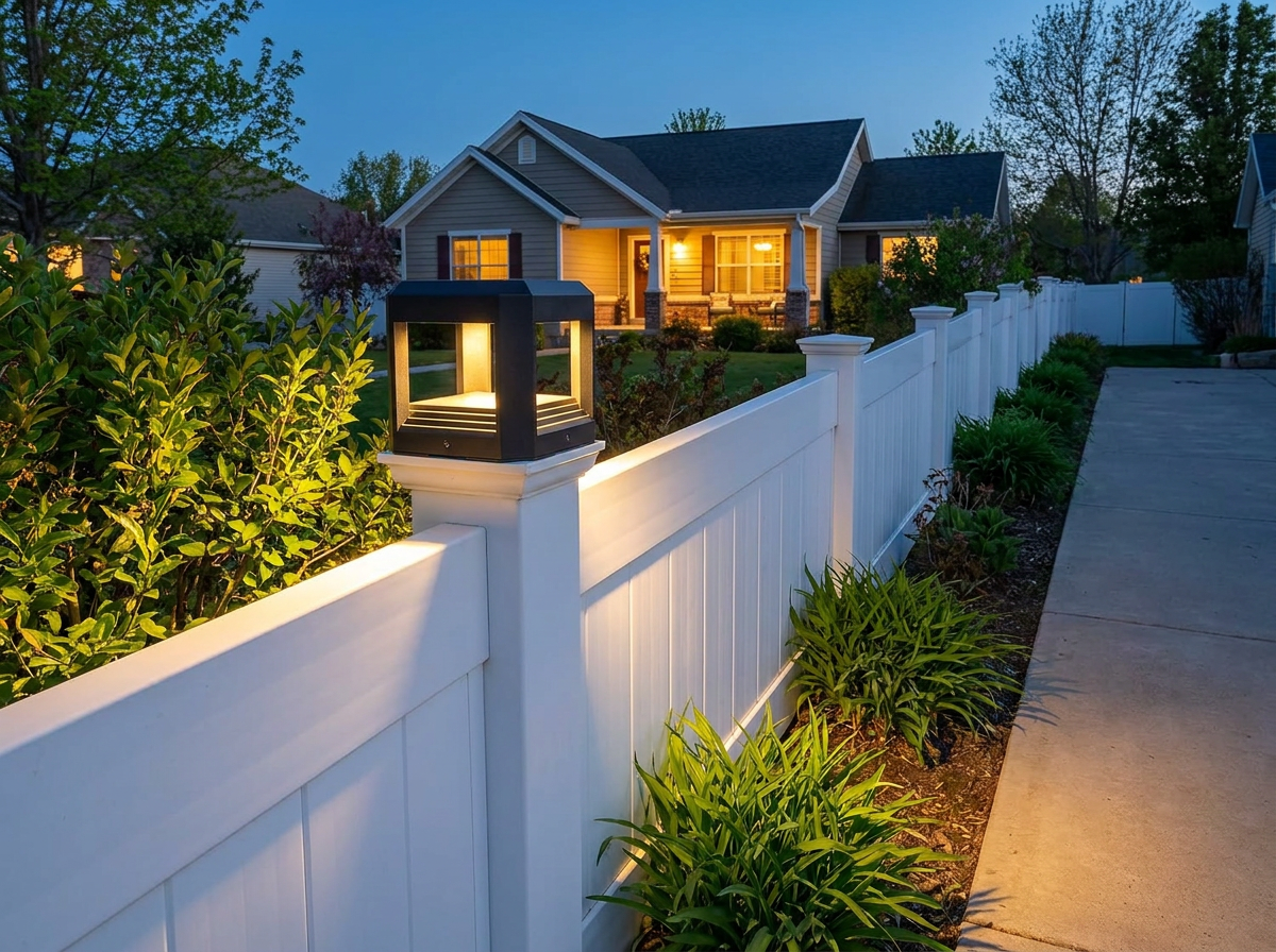 PLUSLED 5.94-inch outdoor column light installed on a vinyl fence post along a suburban driveway