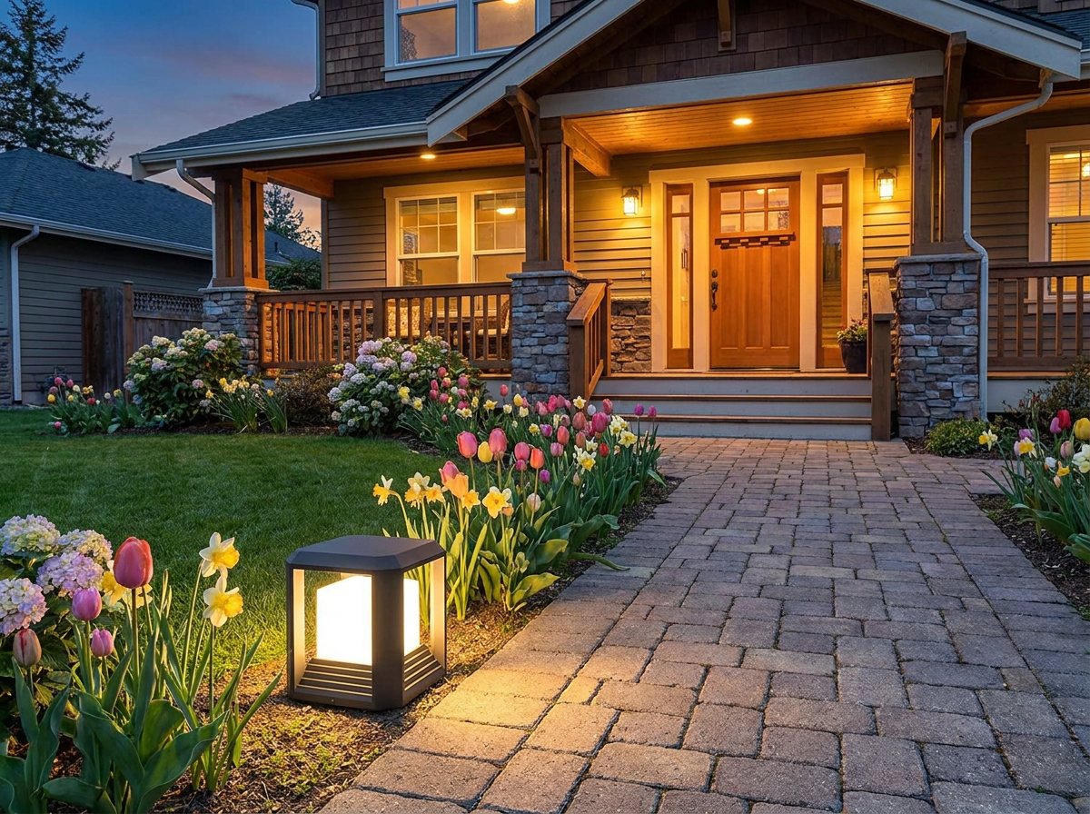 PLUSLED modern black 9.88-inch LED pillar lamp lining a garden walkway in a spring American front yard