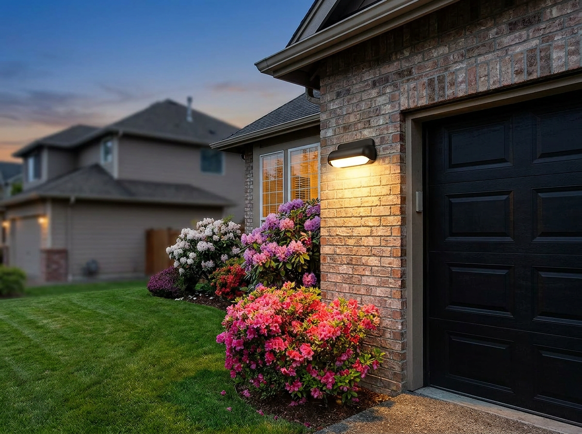 PLUSLED outdoor wall sconce mounted beside the side garage entry of a modern American suburban home at dusk