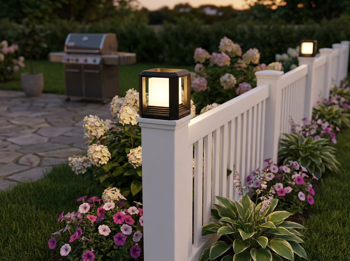 PLUSLED outdoor LED post light on white vinyl fence post in American backyard with BBQ grill at dusk
