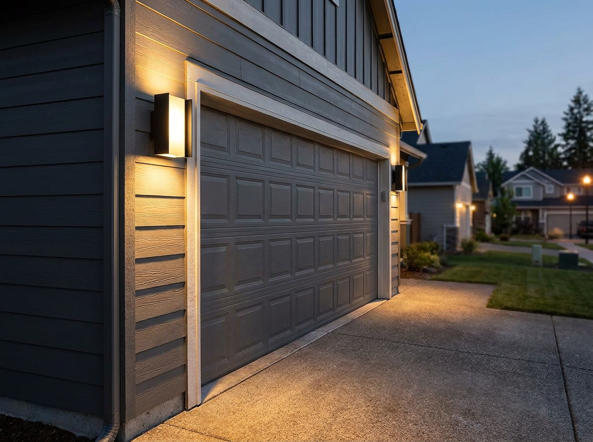 PLUSLED modern LED outdoor wall sconce illuminating an American garage entrance at evening