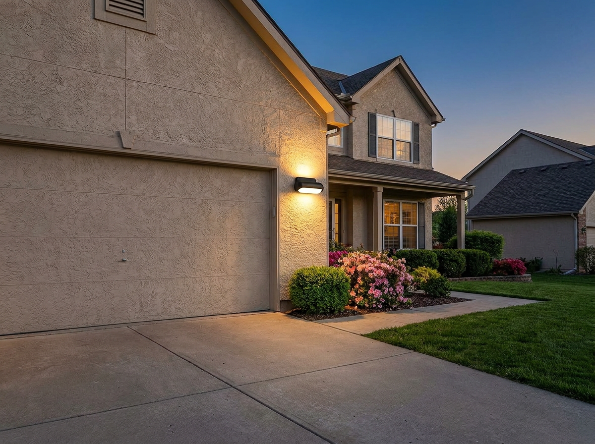 PLUSLED outdoor wall sconce mounted on a garage exterior lighting a driveway at night