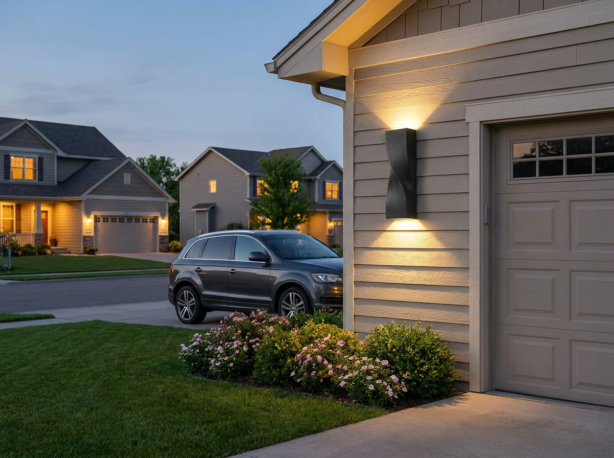 PLUSLED outdoor wall sconce mounted on a suburban American garage exterior in late spring