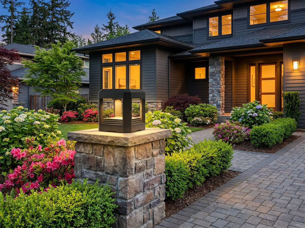 PLUSLED 5.94-inch LED pillar post light installed on a stone driveway pillar of a modern American suburban home in spring