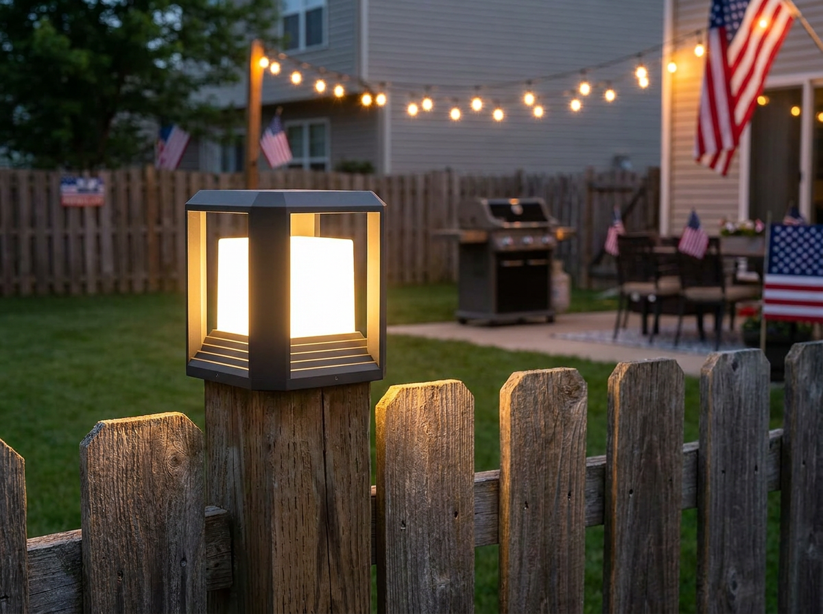 PLUSLED 9.88-inch black LED outdoor post light installed on a backyard wooden fence post on Memorial Day evening