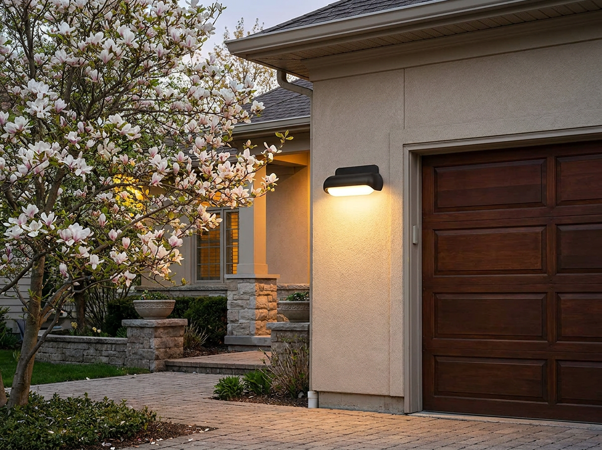 PLUSLED modern wall sconce installed beside garage door on suburban American home