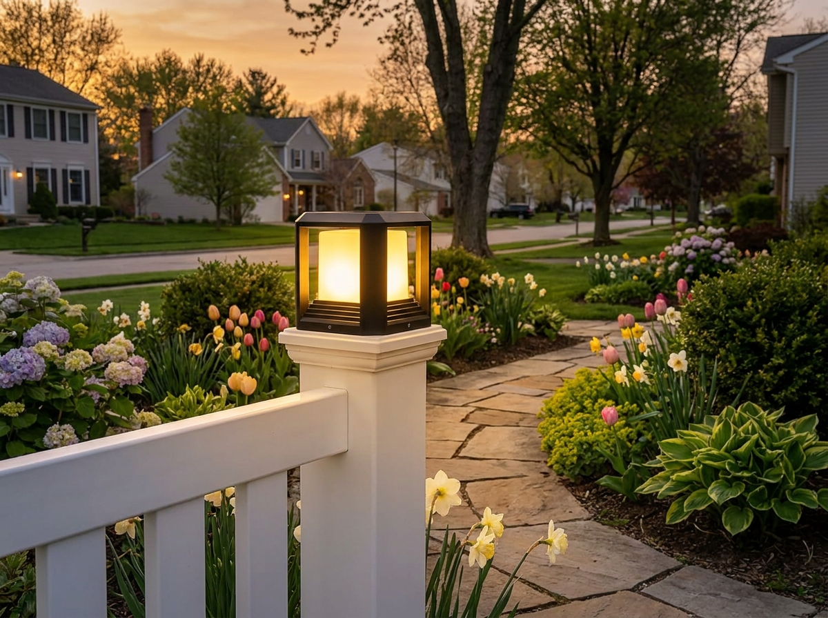 PLUSLED outdoor post light atop white vinyl fence post lighting suburban American garden path at evening