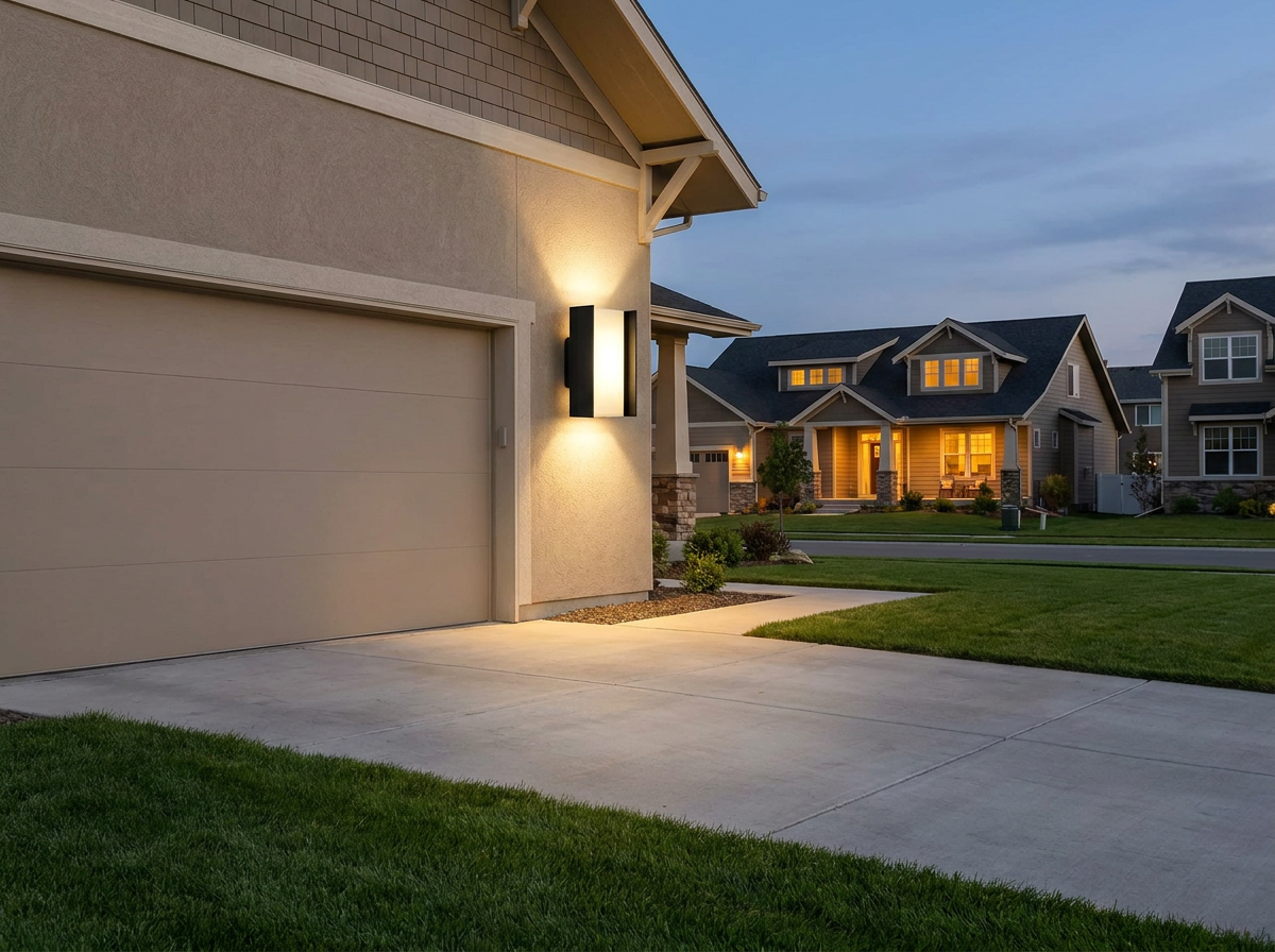 PLUSLED 20W matte black outdoor wall sconce on a modern American craftsman garage exterior at twilight