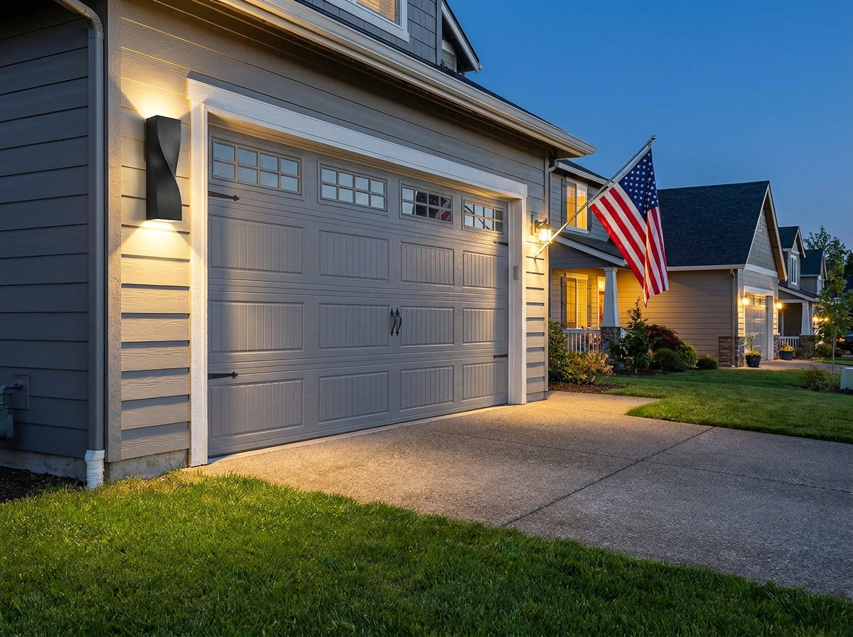 PLUSLED 15.75-inch hardwired LED outdoor wall sconce mounted on a garage wall at dusk in an American neighborhood