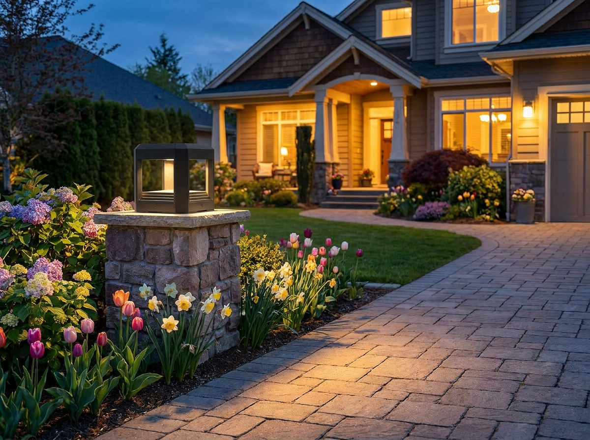 PLUSLED 5.94-inch hard-wired LED pillar post light staged on a stone driveway pillar at dusk