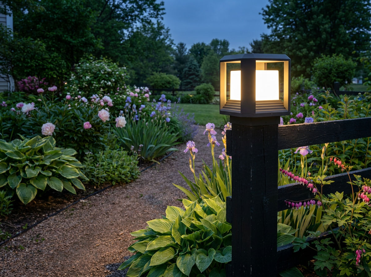 PLUSLED 9.88-inch black pillar post light mounted on a fence post along a quiet American garden path at blue-hour evening