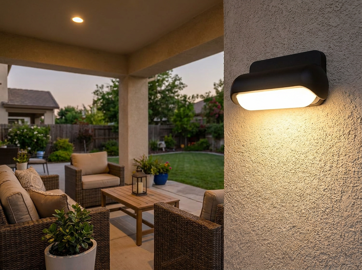 PLUSLED 13W modern outdoor LED wall sconce installed on a covered patio glowing 3000K warm white at dusk
