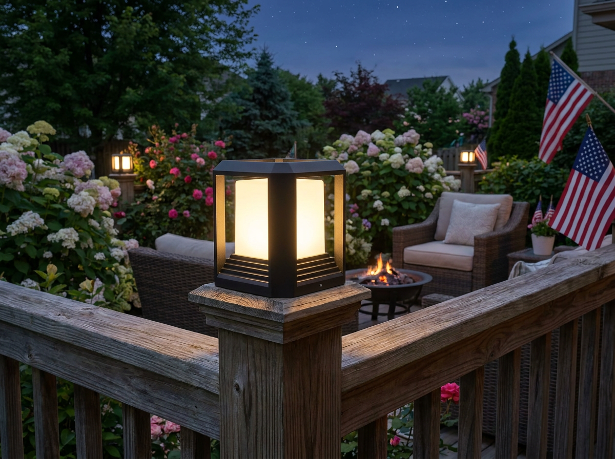 PLUSLED Outdoor Post Light glowing on a backyard deck railing for Memorial Day Spring 2026