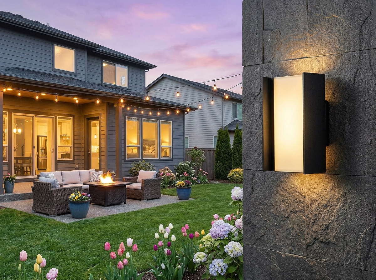 PLUSLED matte black up-down LED wall sconce installed on a modern American backyard patio wall, warm dusk lighting with spring landscaping