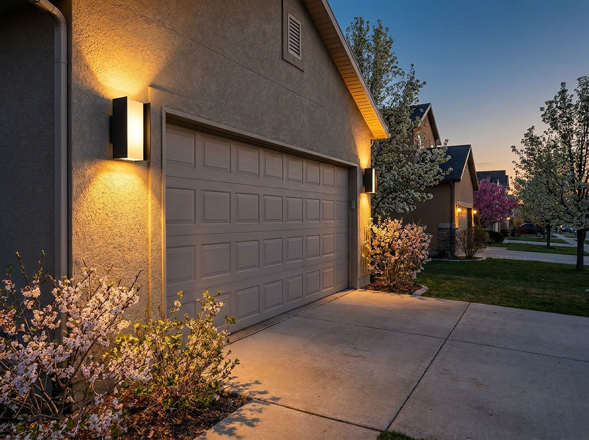 PLUSLED matte black LED outdoor wall sconce mounted beside a garage door on a suburban American home at dusk
