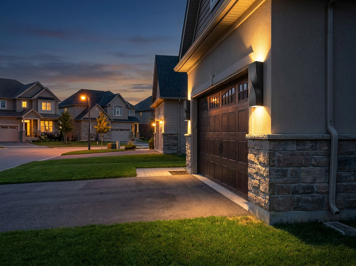 PLUSLED outdoor wall sconce mounted beside a garage door at evening on a modern American home