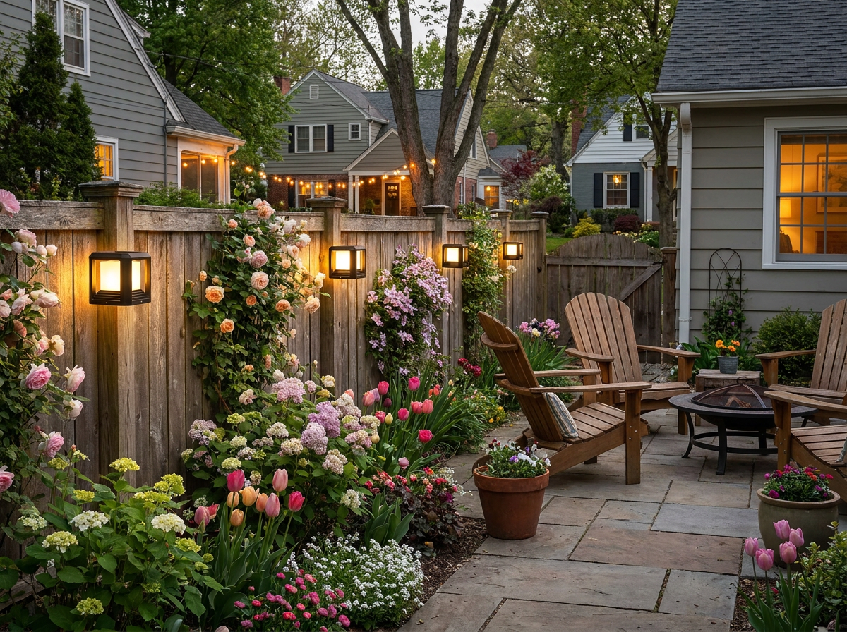 PLUSLED outdoor post lights on wooden fence posts in a blooming spring garden at evening