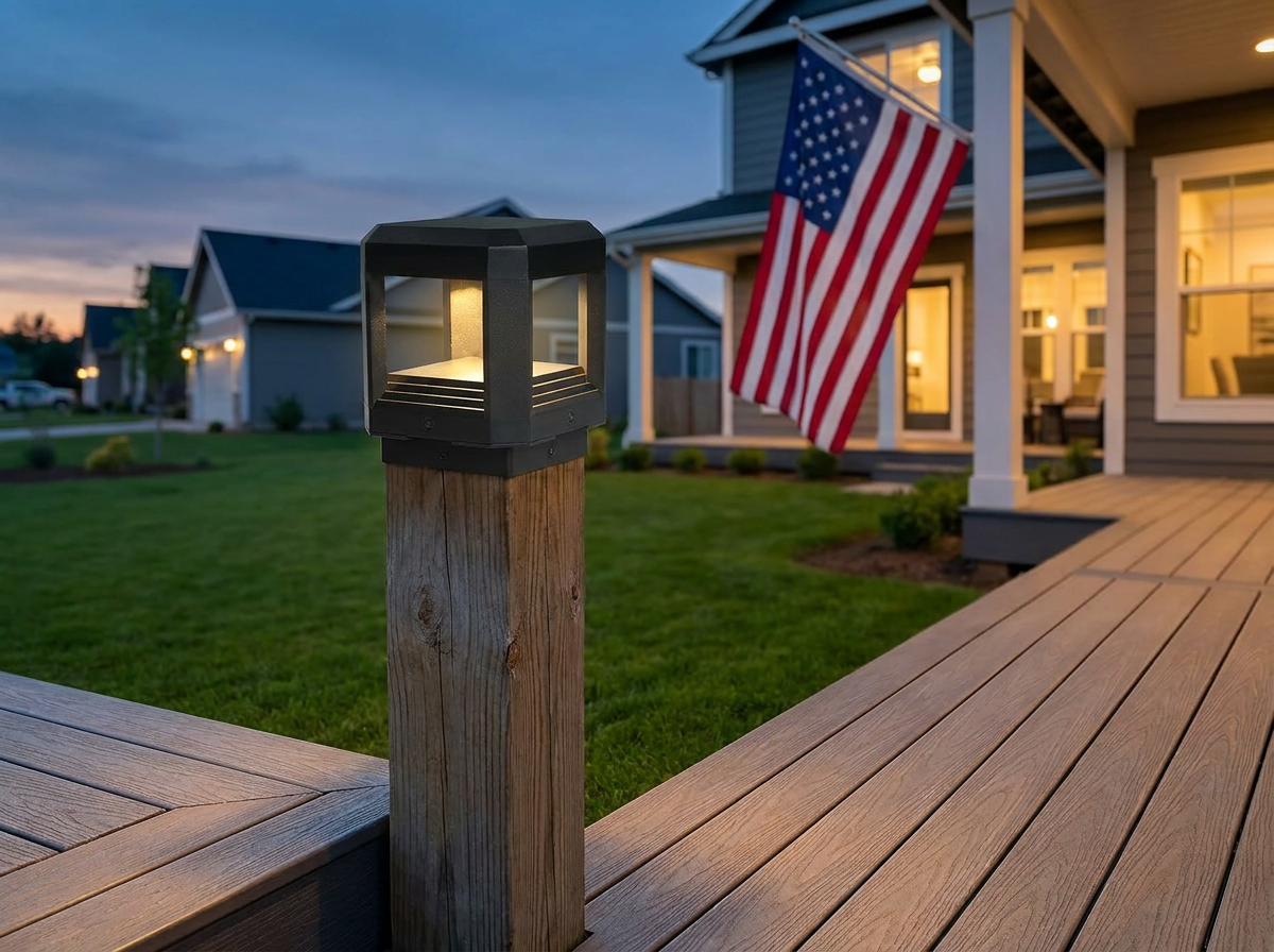 PLUSLED 5.94 inch modern LED column post light installed on a wooden deck post during a summer evening BBQ