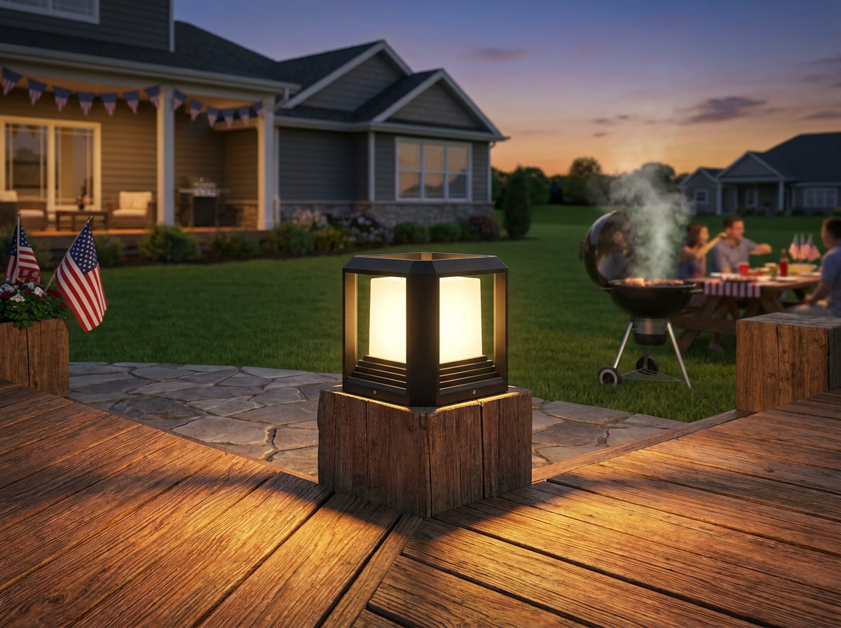 PLUSLED 20W modern black outdoor LED post light mounted on a 6x6 wooden fence post in an American backyard, summer evening, warm 3000K glow