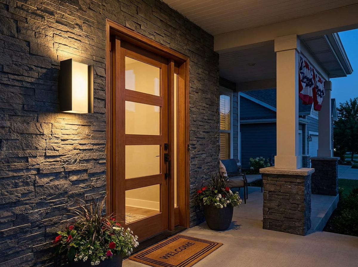 PLUSLED 20W matte black up-down outdoor wall sconce mounted beside a modern American front door at dusk before July 4th