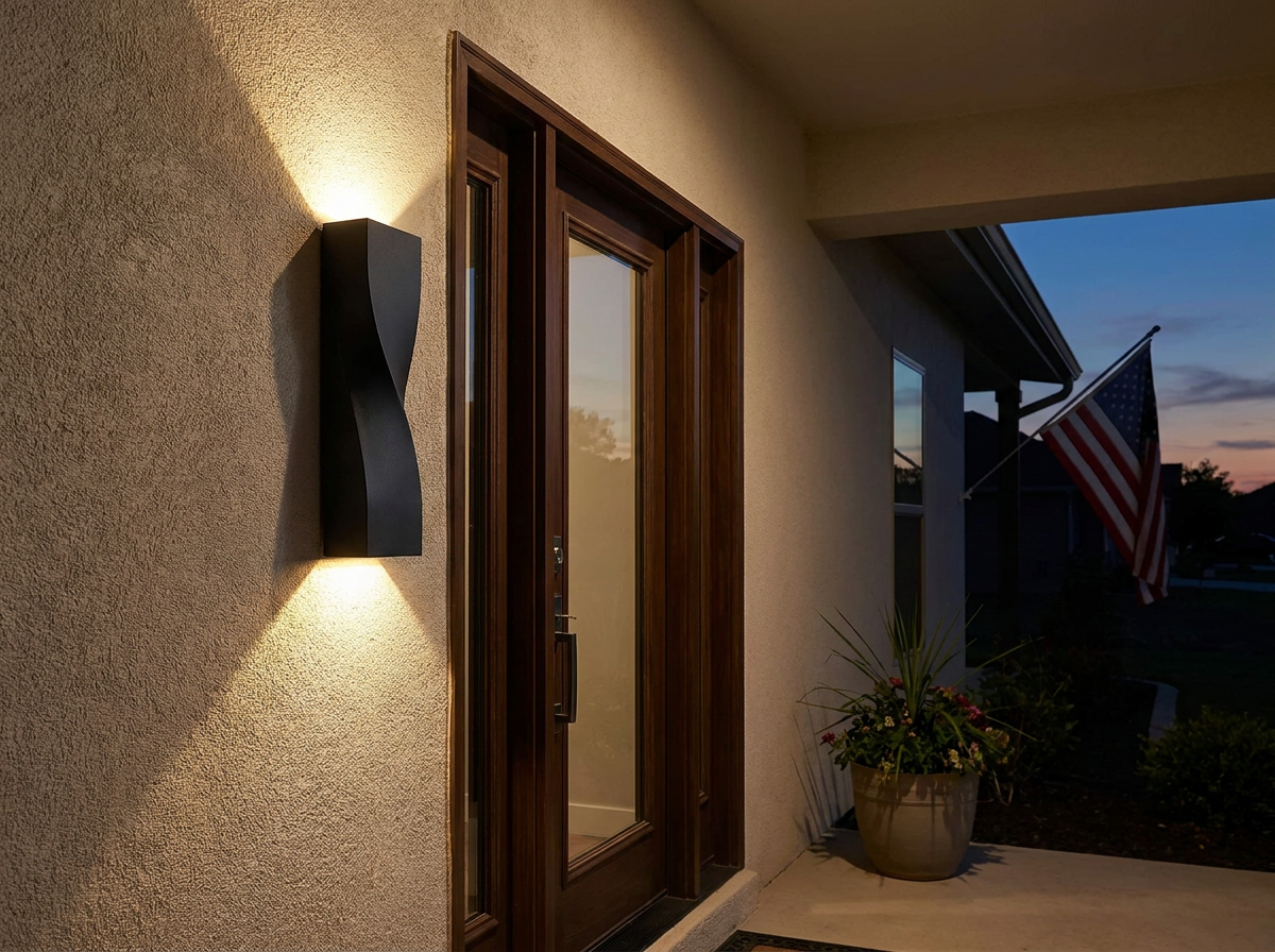 PLUSLED 15.75 inch black S-shape modern outdoor wall sconce mounted beside an American front door at dusk