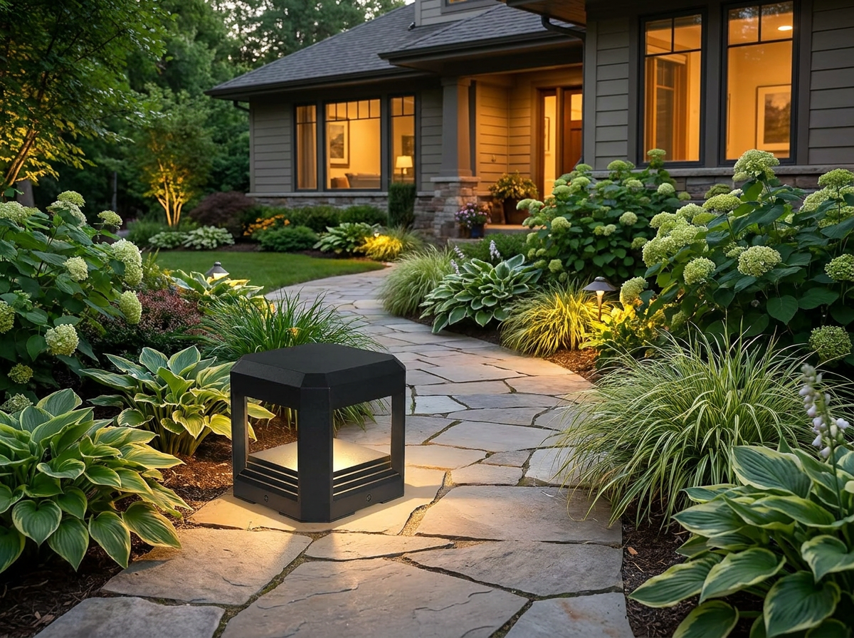 PLUSLED 5.94 inch modern LED column post light on a stone garden path at summer dusk