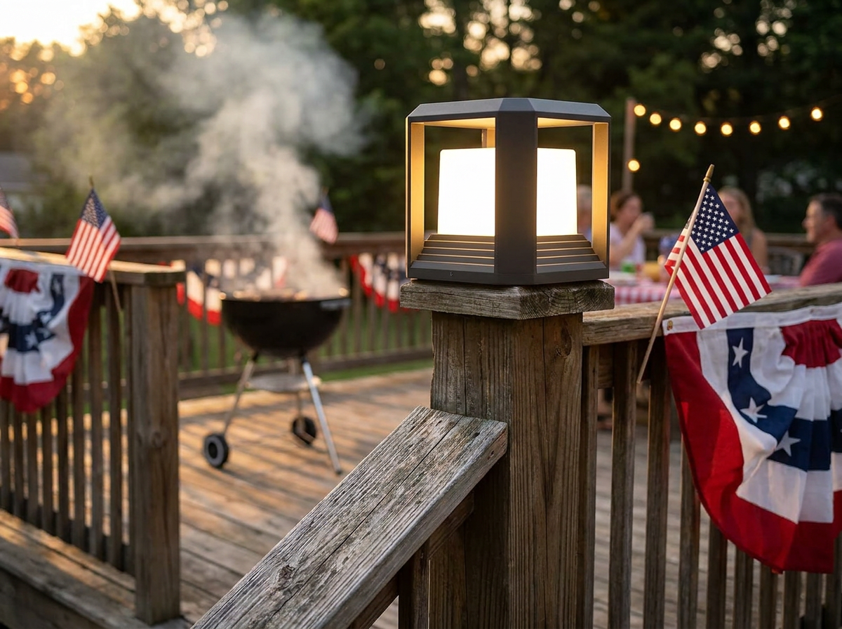 PLUSLED 20W modern black LED pillar post light mounted on a 6x6 wooden deck post during a 4th of July American backyard cookout
