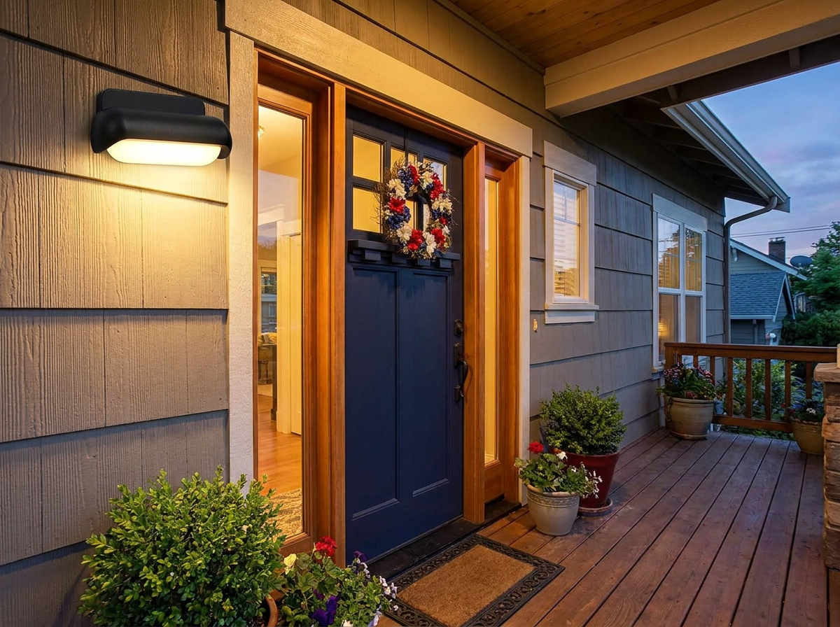 PLUSLED 13W modern matte black outdoor LED wall sconce mounted beside a navy-blue American front door, summer evening with warm 3000K glow