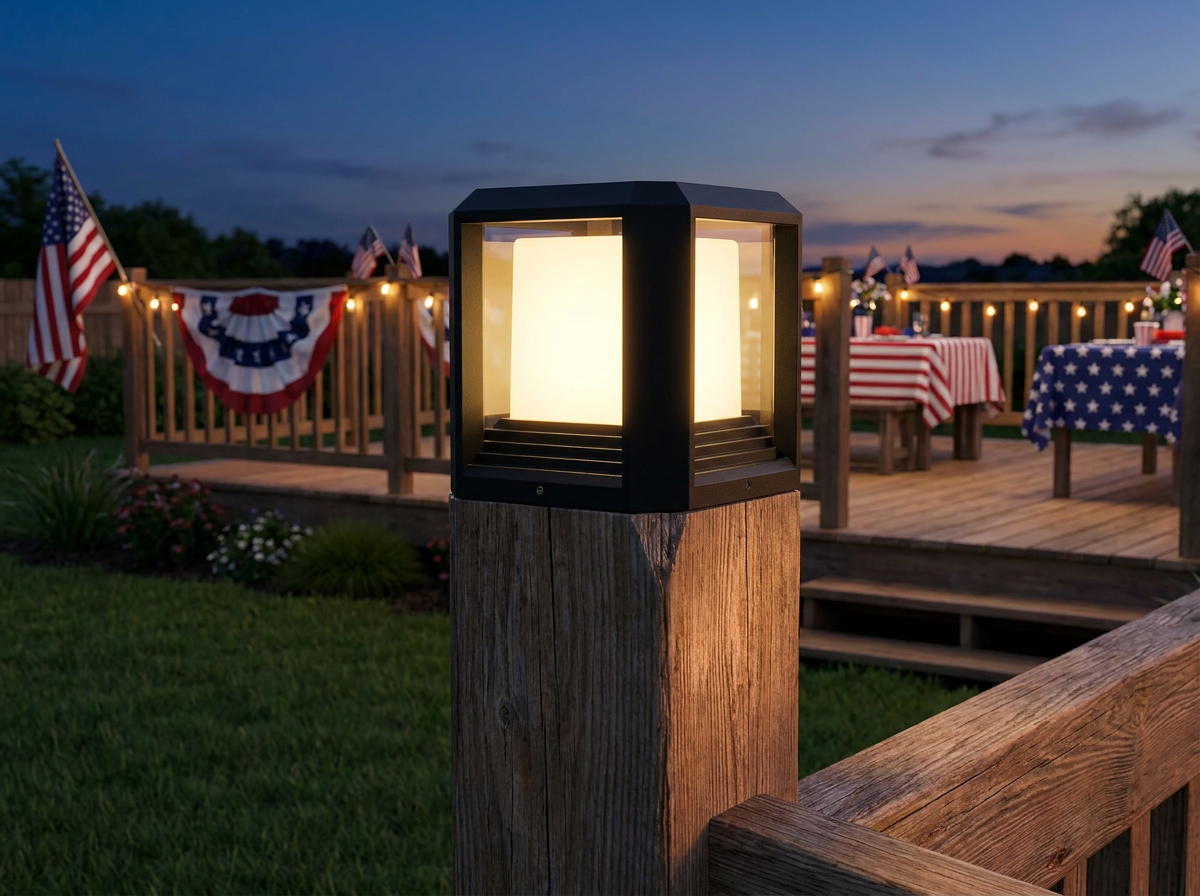 PLUSLED 20W modern black outdoor post light on a wooden 6x6 fence post in an American backyard, summer evening glow