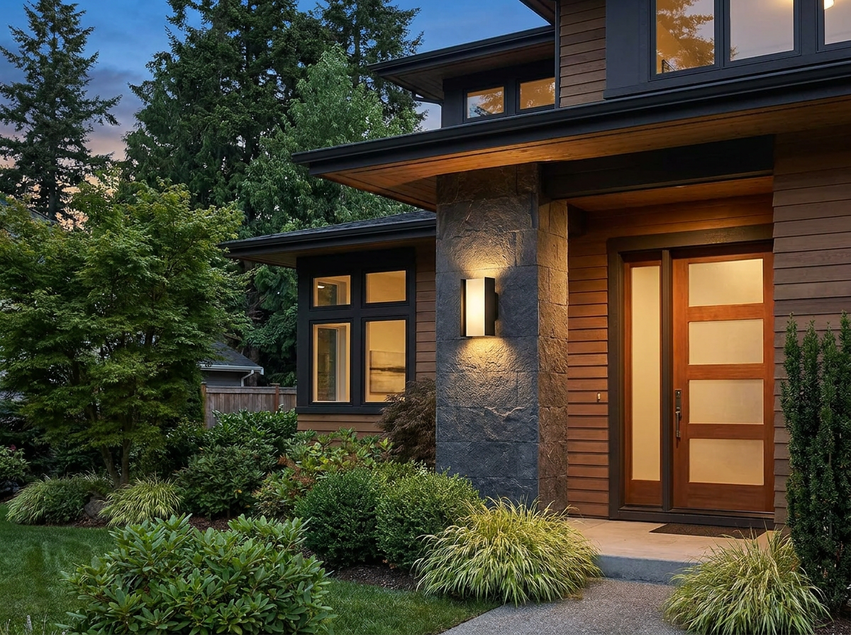 PLUSLED 20W matte black up-down outdoor wall sconce mounted next to a modern American front door at summer dusk