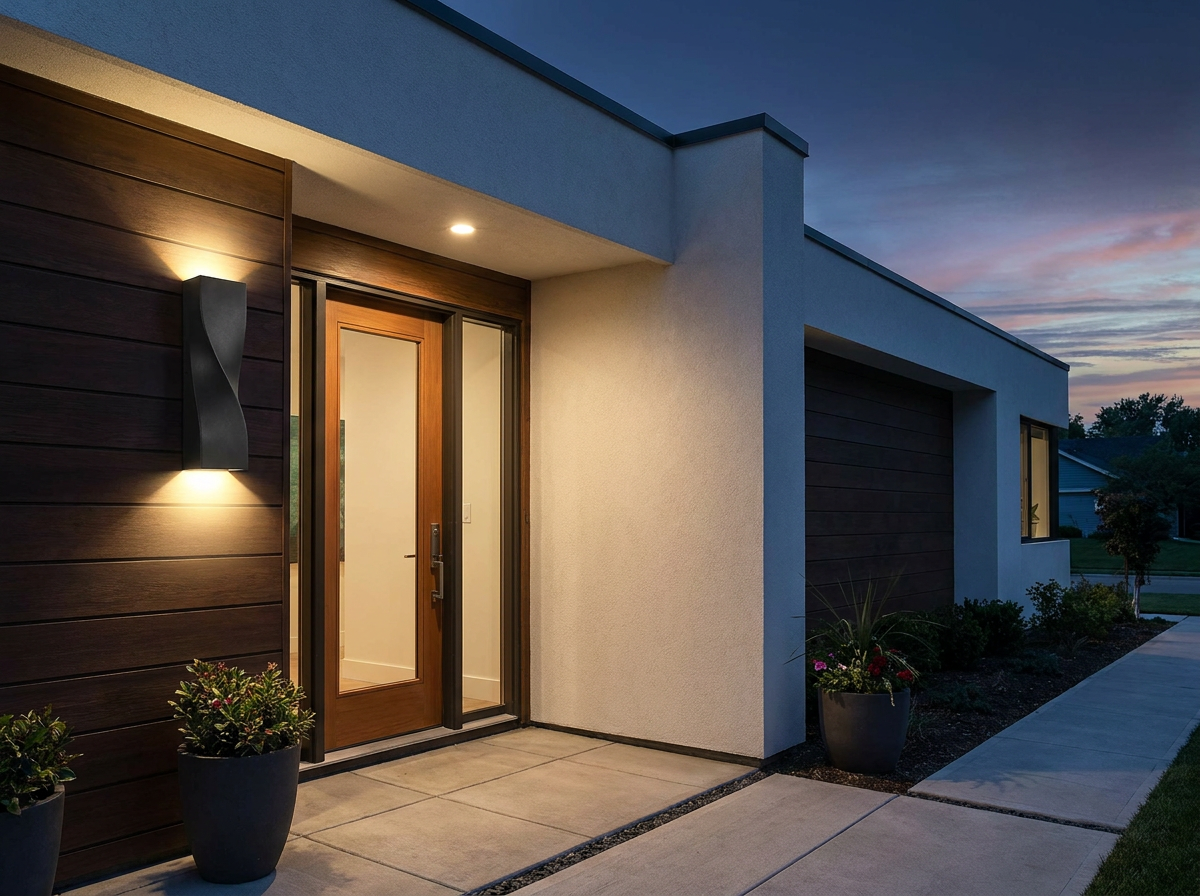 PLUSLED 15.75-inch black S-shape outdoor wall sconce installed beside an American front door, glowing warm white at dusk
