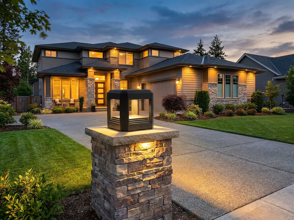 PLUSLED 5.94 inch hardwired LED column post light on a stone driveway pillar at dusk