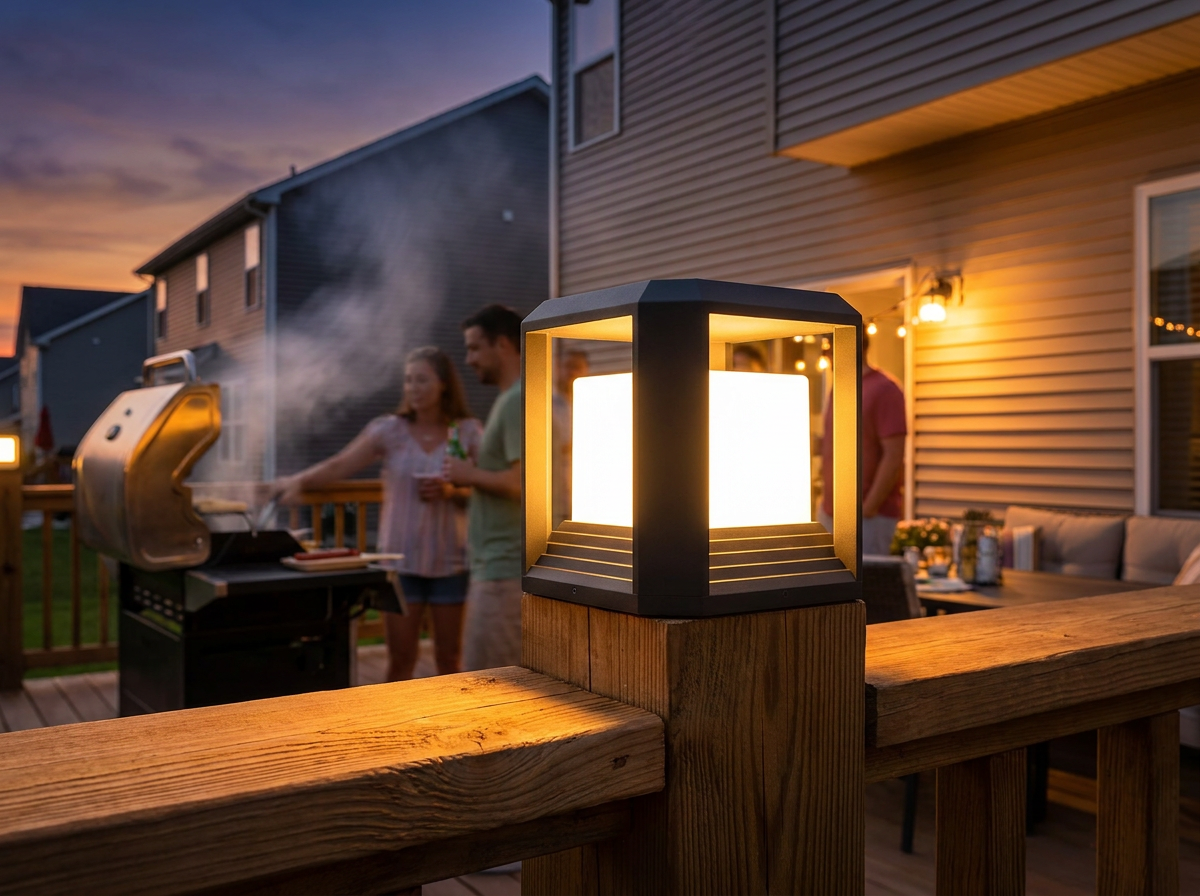 PLUSLED 9.88-inch modern black LED post light mounted on a wooden deck during a summer BBQ
