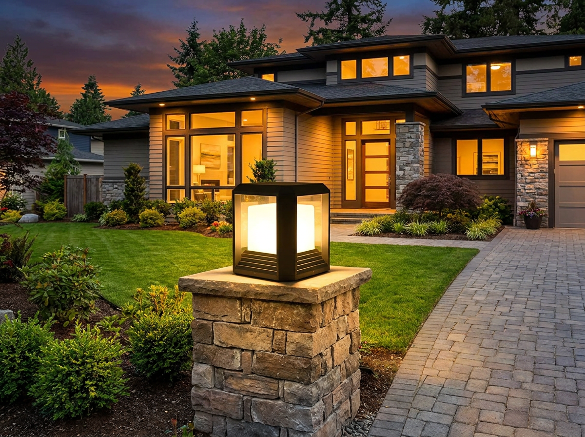 PLUSLED 20W 3000K modern black outdoor post light on a stone driveway pillar of a modern American home at summer dusk