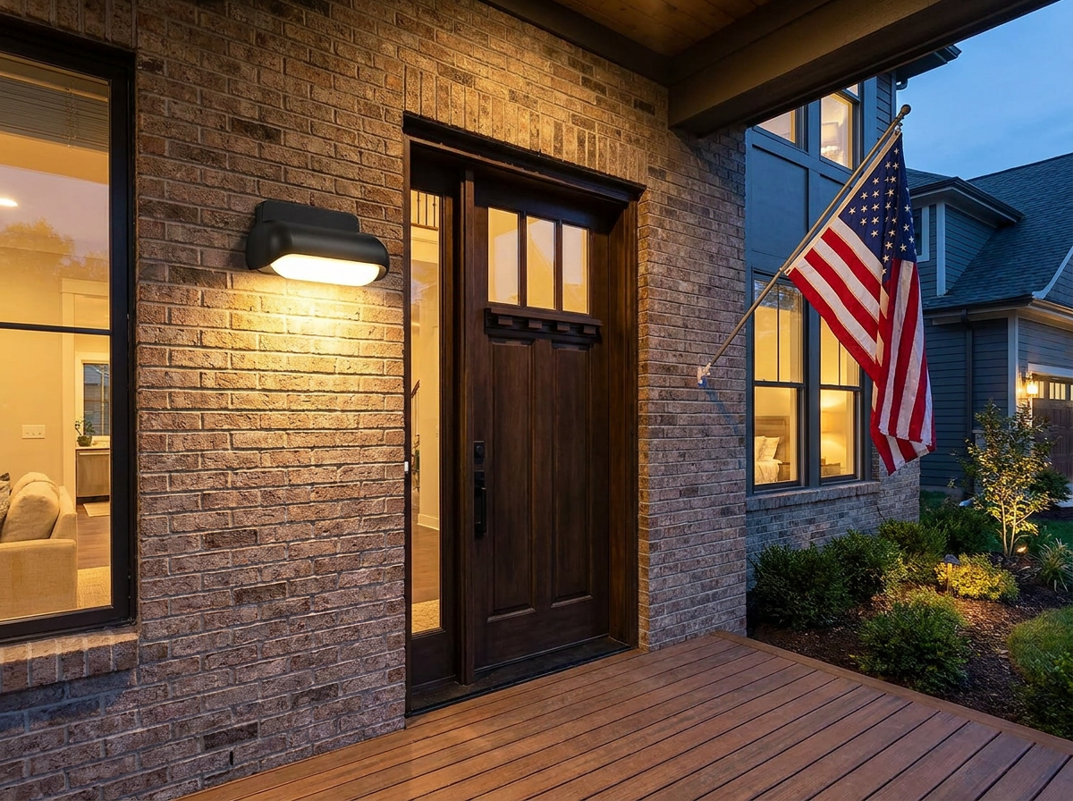 PLUSLED 13W modern outdoor wall sconce mounted beside an American front door at dusk, summer evening with American flag on porch