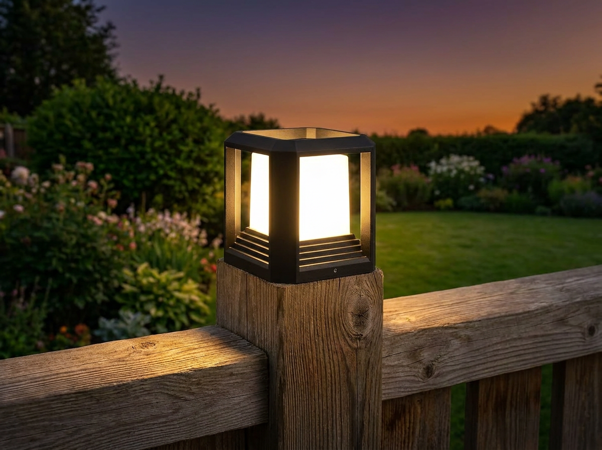 PLUSLED 20W modern black LED outdoor post light installed on a 6x6 wooden fence post in an American backyard at warm summer dusk