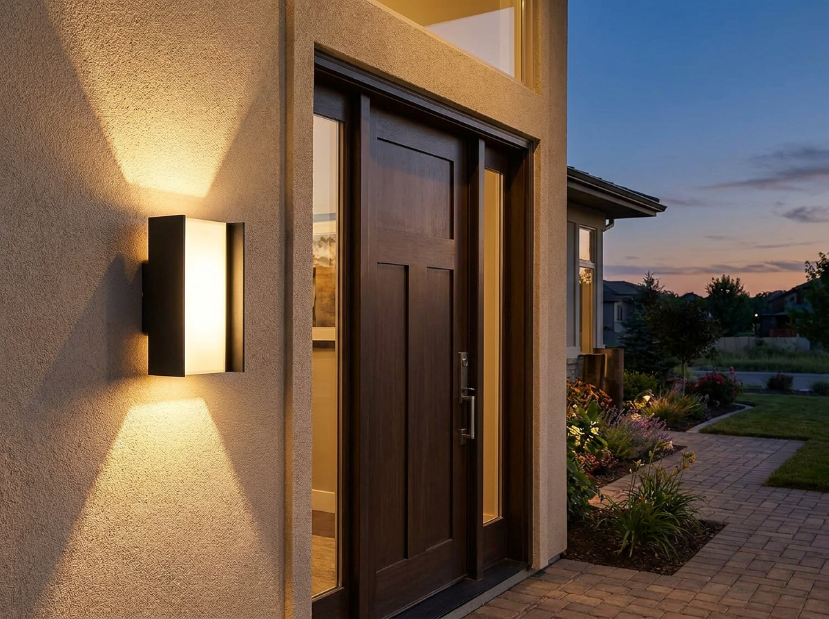PLUSLED matte black 20W up-down outdoor wall sconce mounted beside modern American front door at summer dusk