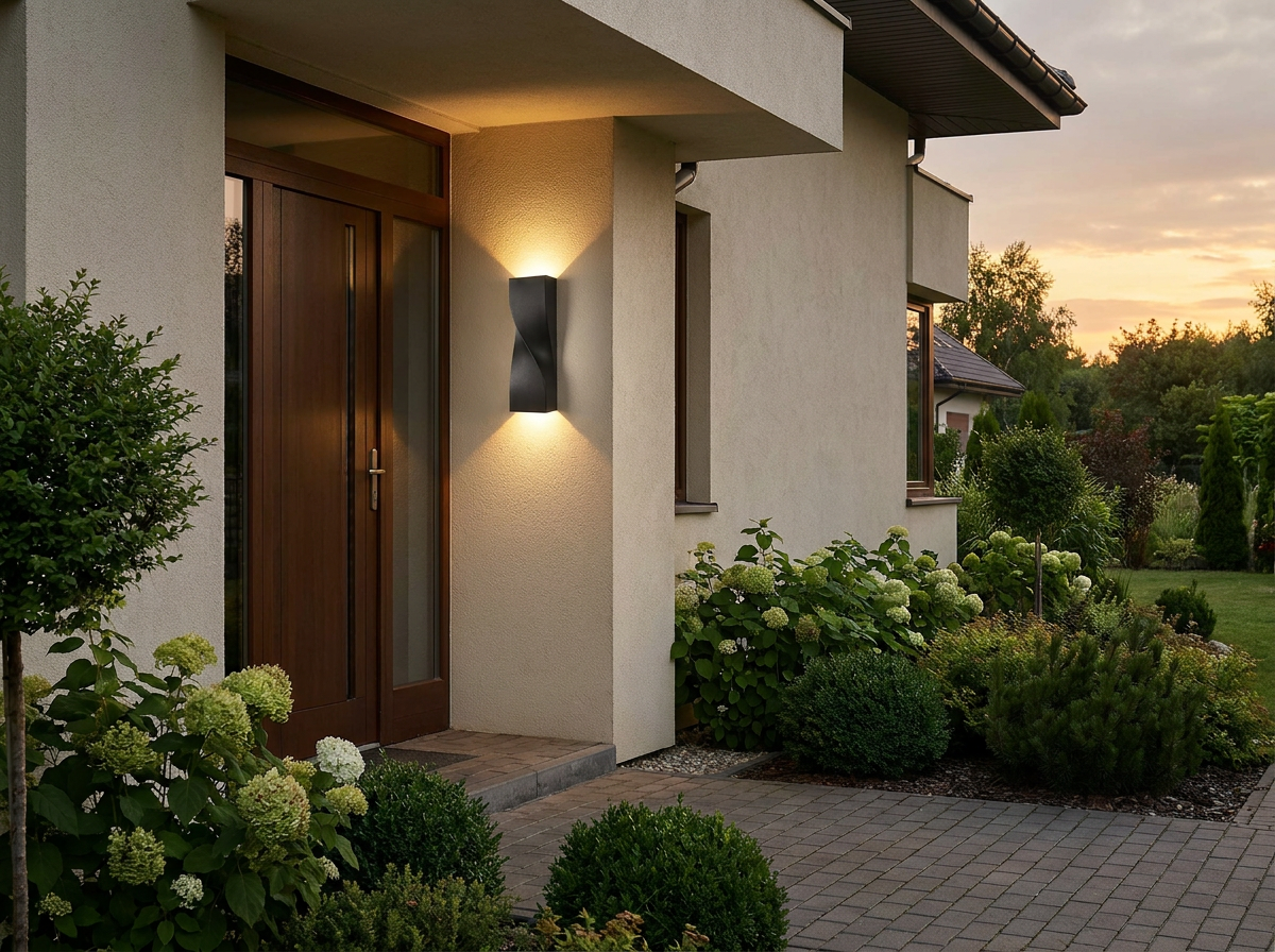 PLUSLED 15.75 inch S-shape black outdoor wall sconce mounted next to a modern American front door at summer dusk