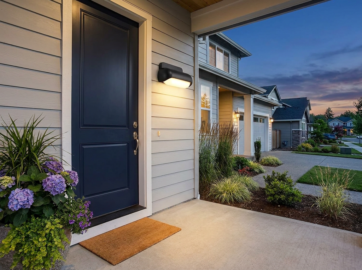 PLUSLED 13W modern outdoor wall sconce mounted beside a navy front door on a summer evening porch