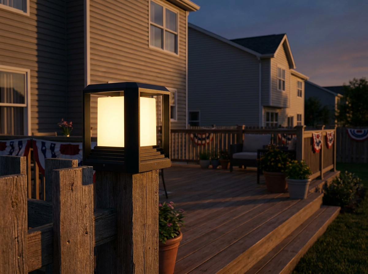 PLUSLED 20W modern black outdoor post light installed on a wooden fence post for July 4th backyard
