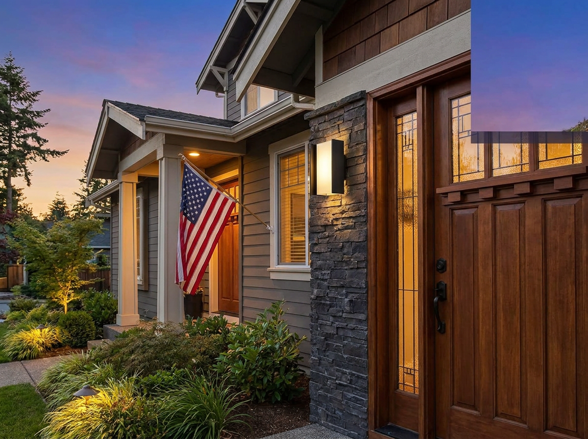 PLUSLED 20W matte black up-down outdoor LED wall sconce mounted beside the front door of a modern American craftsman home at summer dusk