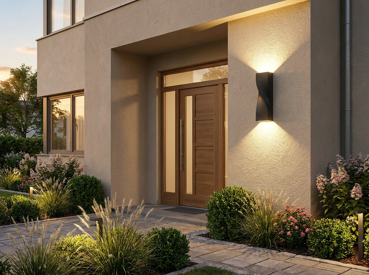 PLUSLED 15.75 inch black S-shape outdoor wall sconce on modern American front entrance, summer dusk curb appeal