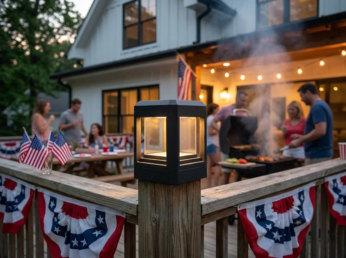 PLUSLED 5.94-inch hard-wired LED post light installed on a wooden deck post during a July 4th American backyard celebration