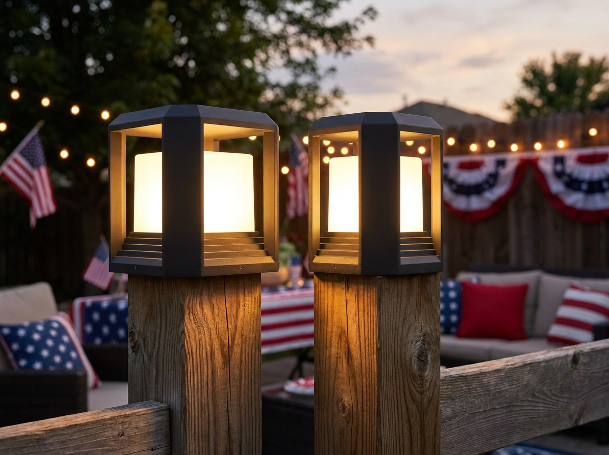 PLUSLED 9.88-inch hardwired LED pillar post light mounted on a 6x6 wooden fence post in an American backyard at July 4th dusk