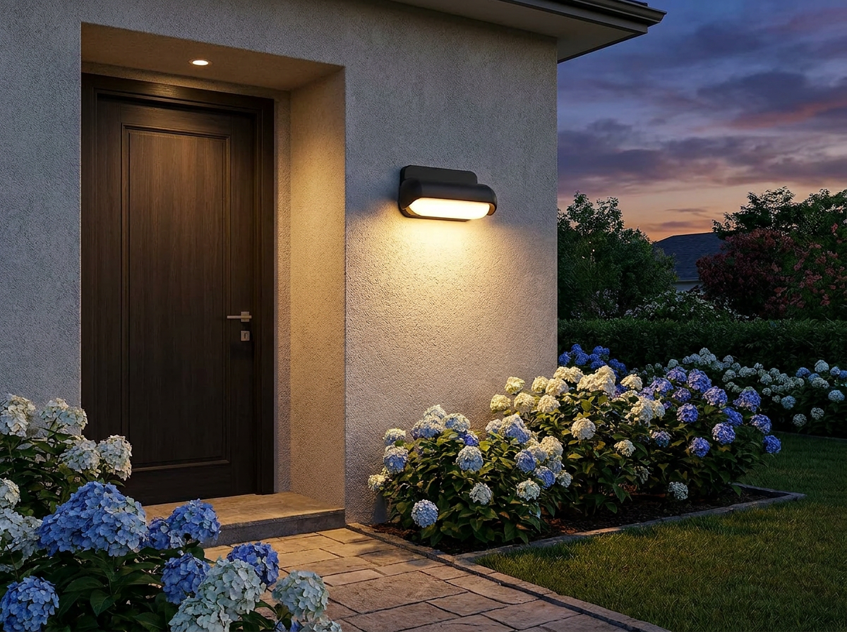 PLUSLED 13W modern outdoor wall sconce mounted beside a modern American front door at summer dusk, warm 3000K glow, hydrangeas in bloom