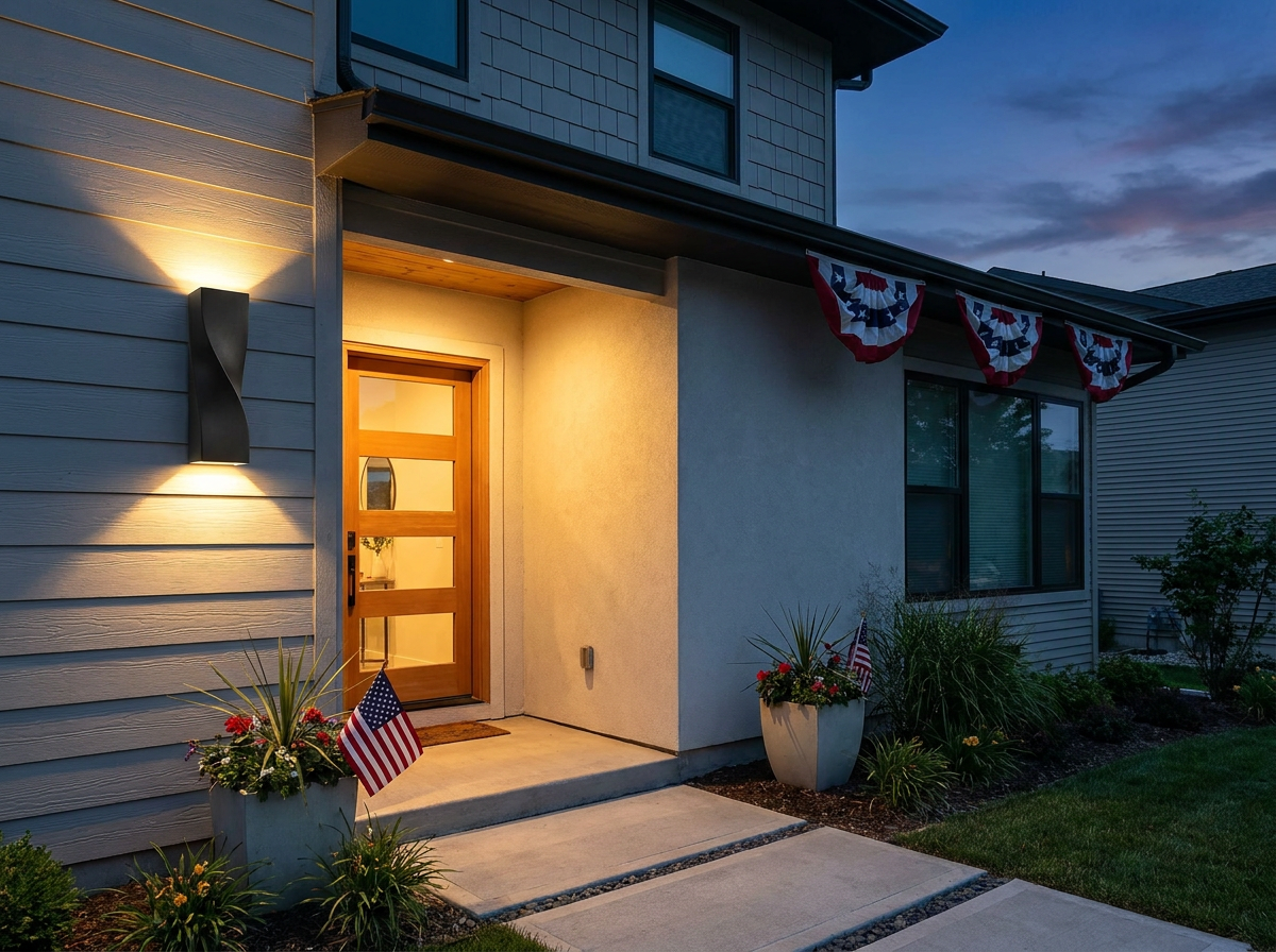 PLUSLED 15.75-inch modern outdoor wall sconce mounted beside a front door for July 4th 2026 curb appeal
