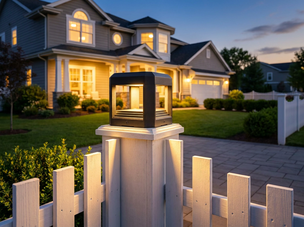 PLUSLED 5.94 inch outdoor pillar light on a white driveway fence post in an American suburban neighborhood at twilight